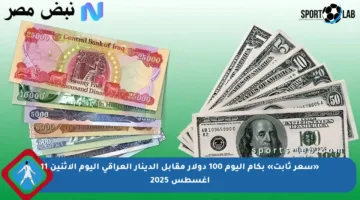 «سعر ثابت» بكام اليوم 100 دولار مقابل الدينار العراقي اليوم الإثنين 11 أغسطس 2025